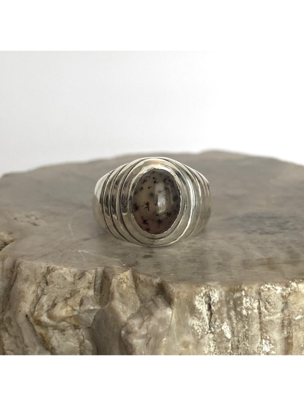 Solid Sterling Silver 925 Unisex Oval Dendritic Fern Agate Wide Band Ring Sz 8.5